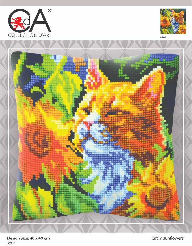 Collection D'Art Cushion Cross Stitch Stamped kit Needlepoint Cat in Sunflowers 5502, quickpoint Pillow Cover 40x40 cm / 16"x16"