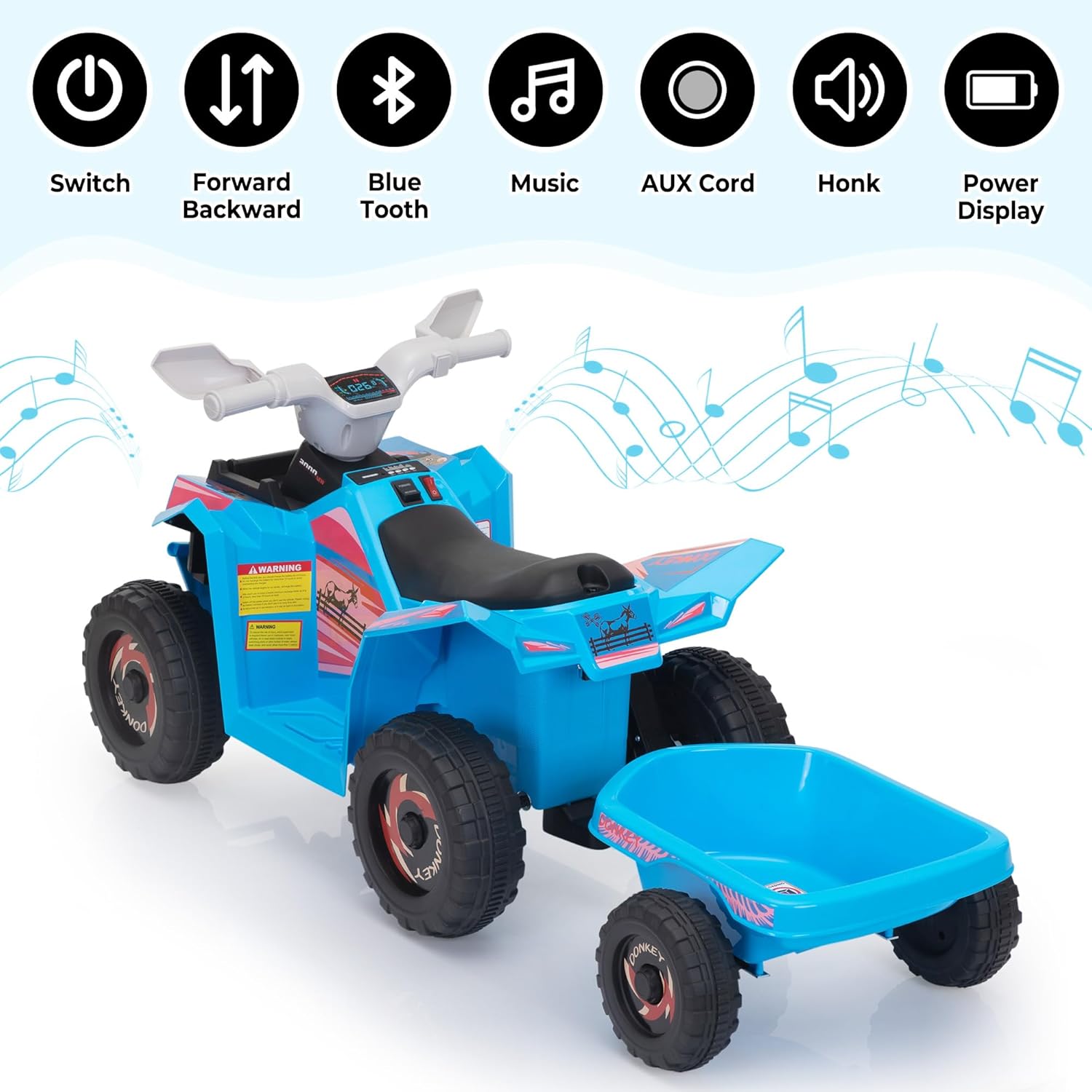 TOBBI 6V Electric Kids Ride On Toy Car with Trailer, Toddler 4 Wheeler Powered Vehicle, ATV to Drive with Music/Battery Volume Display for Children Age 3-6-Blue