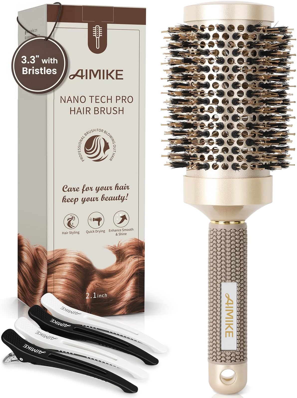 AIMIKE Round Hair Brush, Nano Thermal Ceramic & Ionic Tech, 2.1 Inch Barrel with Boar Bristles for Enhanced Texture, Golden, Hair Drying, Styling, Curling and Shine + 4 Free Clips