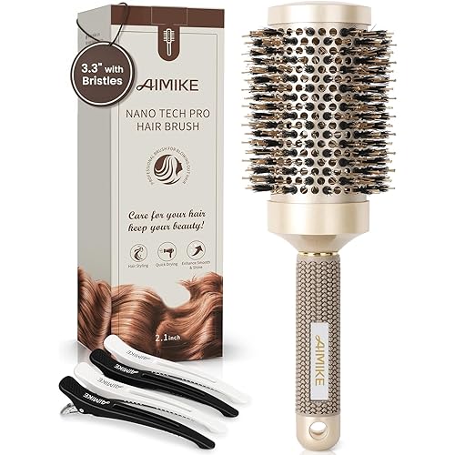 AIMIKE Round Hair Brush, Nano Thermal Ceramic & Ionic Tech, 2.1 Inch Barrel with Boar Bristles for Enhanced Texture, Golden, Hair Drying, Styling, Curling and Shine + 4 Free Clips