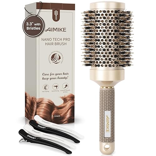 AIMIKE Round Hair Brush, Nano Thermal Ceramic & Ionic Tech, 2.1 Inch Barrel with Boar Bristles for Enhanced Texture, Golden, Hair Drying, Styling, Curling and Shine + 4 Free Clips