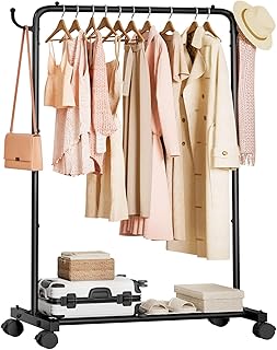 Homde Rolling Clothes Rack with Hooks: Standing Garment Storage for Indo...