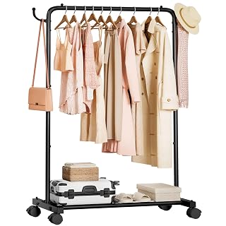 Homde Rolling Clothes Rack with Hooks: Standing Garment Storage for Indoor - Hanging Rod for Bedroom Laundry Room - Coat Dress Organizer on Wheels with luggage shelf (Black, 32") - Amazon product rated Grade A