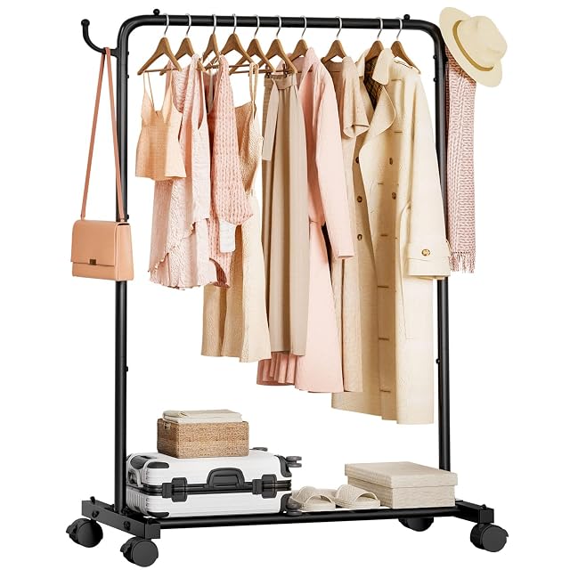 Homde Rolling Clothes Rack with Hooks Standing Garment Storage for Indoor - Hanging Rod for Bedroom Laundry Room