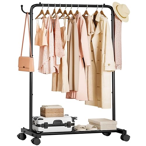 Homde Rolling Clothes Rack with Hooks: Standing Garment Storage for Indoor - Hanging Rod for Bedroom Laundry Room - Coat Dress Organizer on Wheels with luggage shelf (Black, 32") - Black - 32”