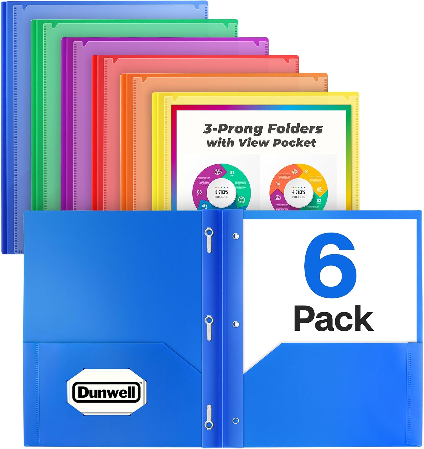 Dunwell 2-Pocket 3-Prong Folders, Clear Front Pocket, 6 Pack, Poly