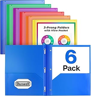 Dunwell 2-Pocket 3-Prong Folders with Clear Front View Pocket, 6 Vibrant Colors, Durable Acid-Free Poly Plastic, 3-Hole Binders with Brads and Pockets, Include Labels