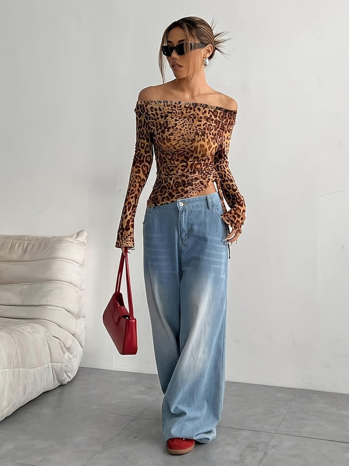 Mandonce Cheetah Print Top Mesh See Through Off The Shoulder Neck Long Sleeve Drawstring Cute Tops Black Leopard Print Top