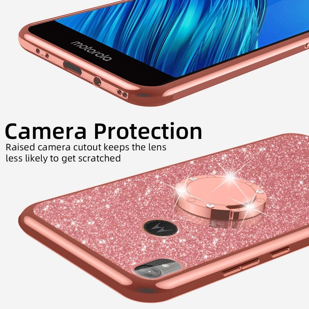 for Moto E6 Case, Glitter Luxury Sparkles Cute TPU Silicone Slim Phone Case for Women Girls with Kickstand, Bling Diamond Rhinestone Ring Stand & Strap Case for Motorola E6 (Rose Gold)