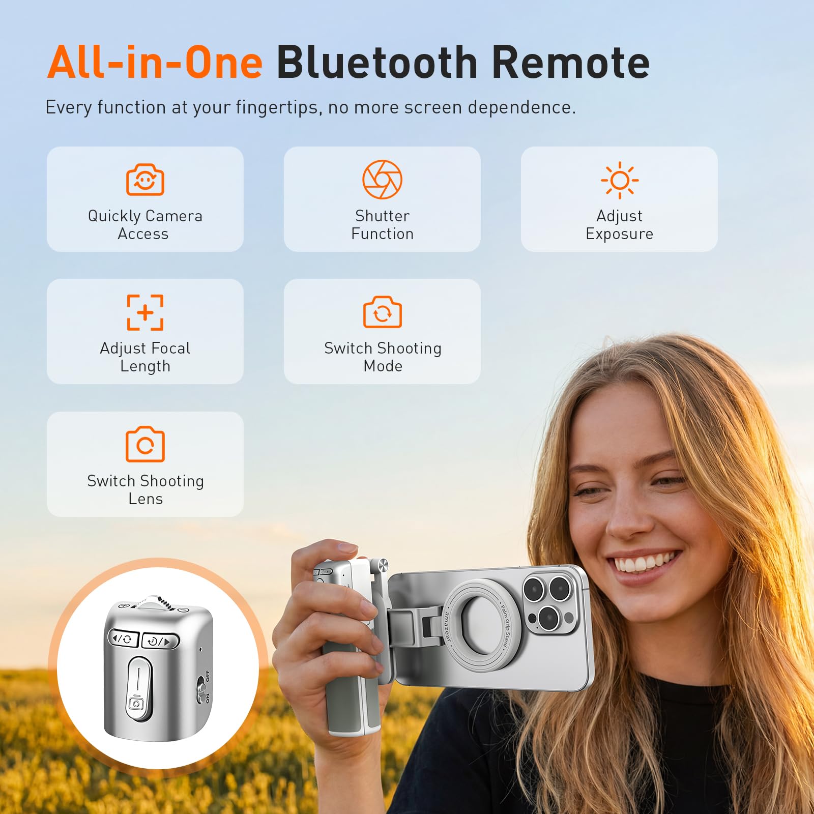 AMAZEAR Treppiede smartphone (4 in 1), Selfie stick magnetico multifunzionale per iPhone, Impugnatura portatile per smartphone con telecomando Bluetooth rimovibile e zoom regolabile per foto, Bianco