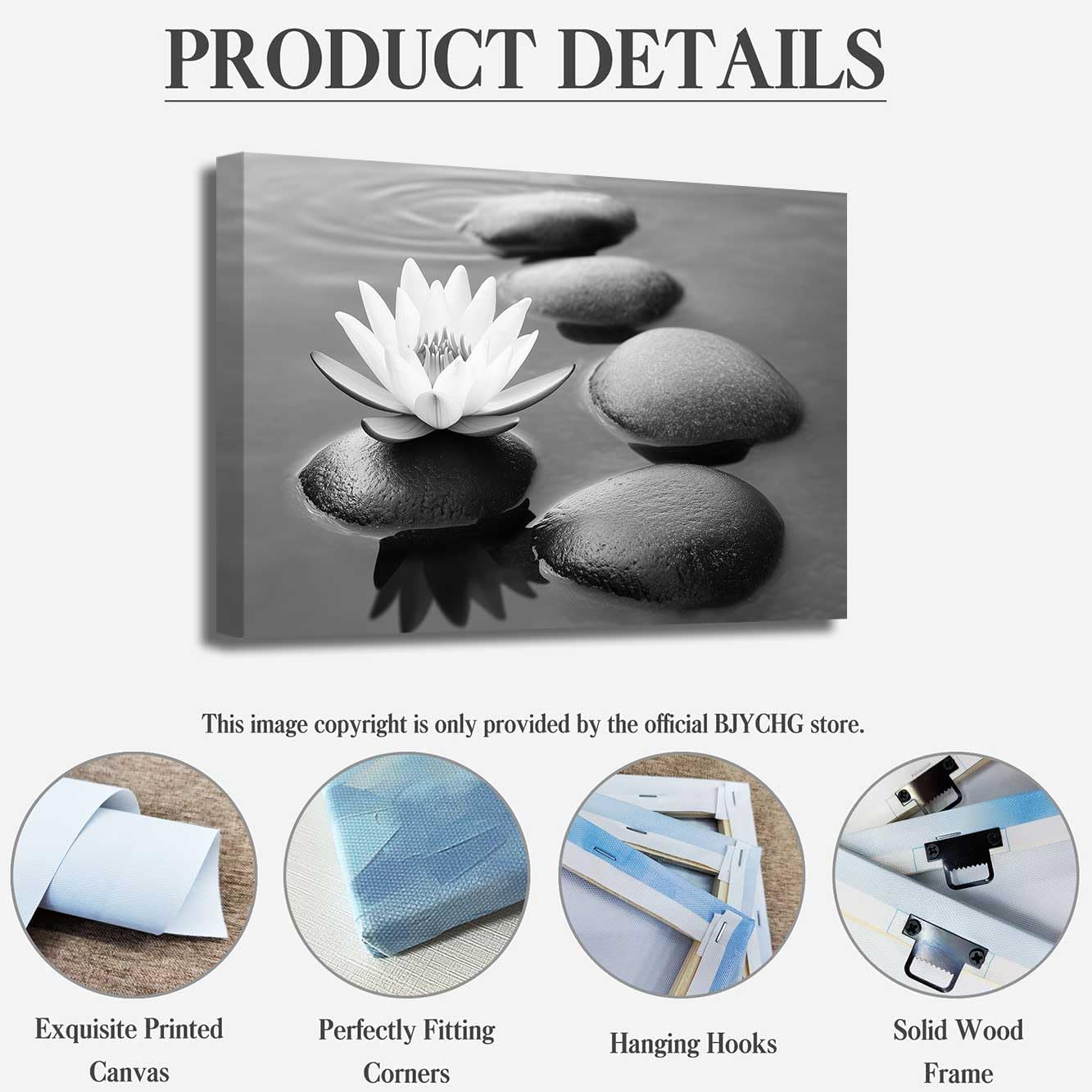 BJYCHG Zen Pictures for Bathroom Black White and Gray Bathroom Wall Art Zen Stone and Lotus Flower Canvas Prints Water Artwork for Spa Room Decor Frame (16L x 20W)