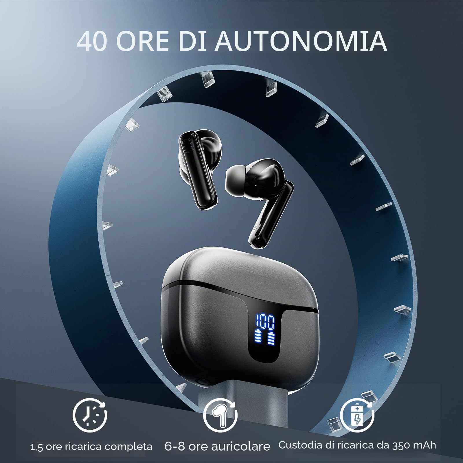 Cuffie Bluetooth senza fili Bluetooth 5.3 in Ear Cuffie con 4 ENC Mic, 40H HiFi Stereo Bass Sound Wireless Cuffie Cancelling Earbuds IP7 Impermeabile Auricolari USB-C LED Display