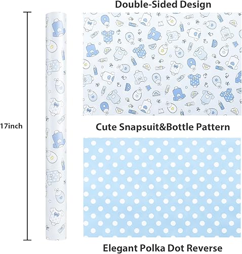 Miniatura 6 de MAYPLUSS Rollo de papel de regalo para bebé recién nacido, 17 pulgadas x 33 pies, bonito diseño de bebé azul y biberones, envoltura de regalo, para