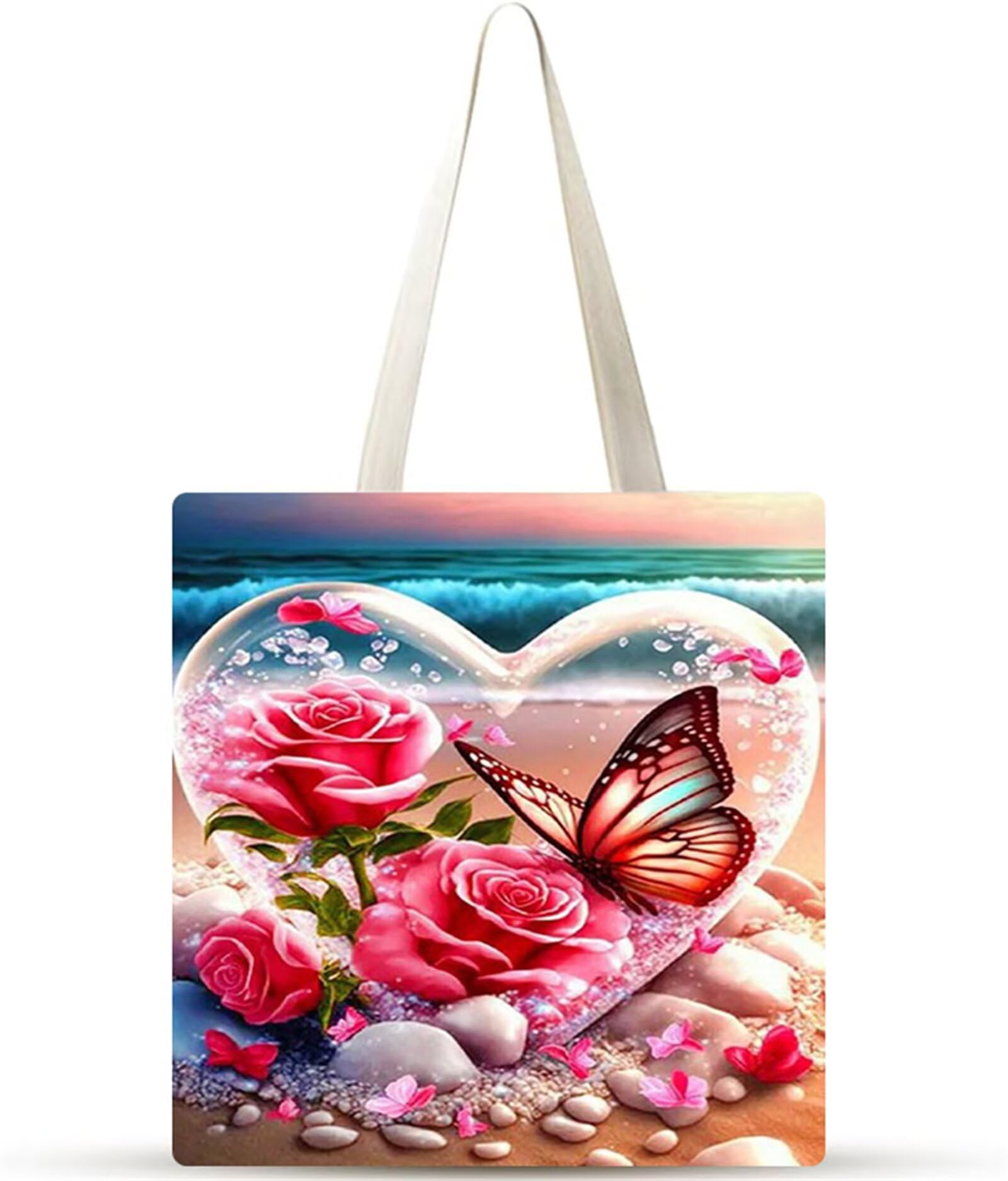 Mariposa rosa de playa Bolsa de Lona con Estampado, Bolsos de lona para Mujer, Bolsa de Tela Reutilizable para Compras de Comestibles para Trabajo Compras Escuela y Vida Cotidiana