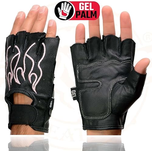 Miniatura 2 de Milwaukee Leather SH198 - Guantes de mano para motocicleta sin dedos acolchados de gel de cuero negro con llama naranja bordada