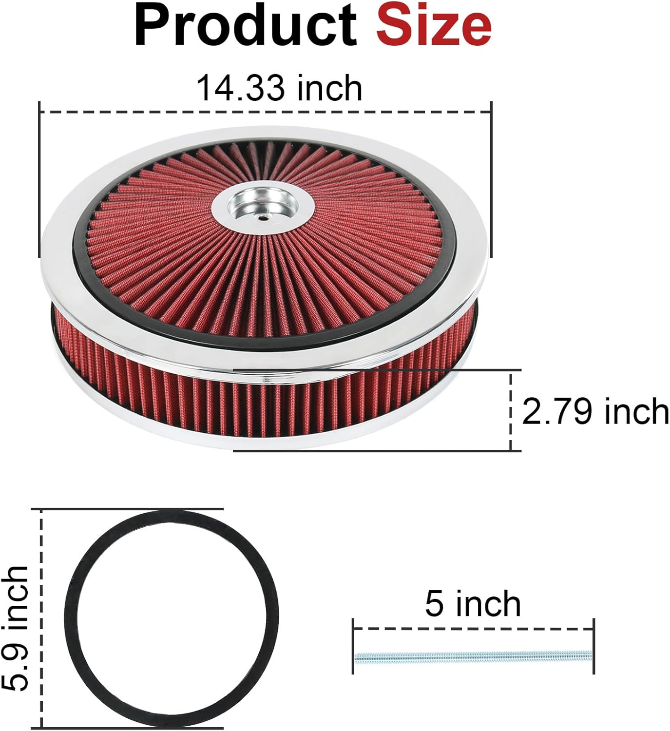 High Flow 14"x3" Round Air Cleaner filter Kit Compatible with GMC Chevy Ford Chrysler Dodge V8 with Flow-Thru Lid Caburetor 5-1/8" Carb Neck Red Chrome