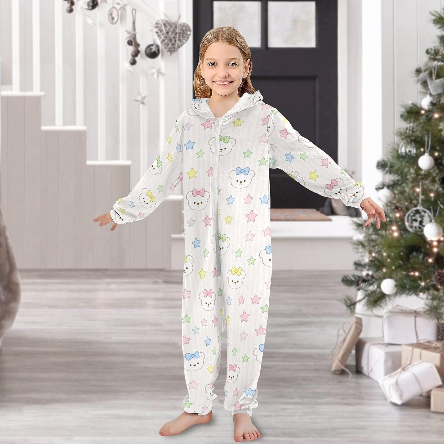 Sleepwear Holiday Pajamas Soft Warm Hooded One-Piecing Sleeper Loungewear for Christmas Home 4-14Y