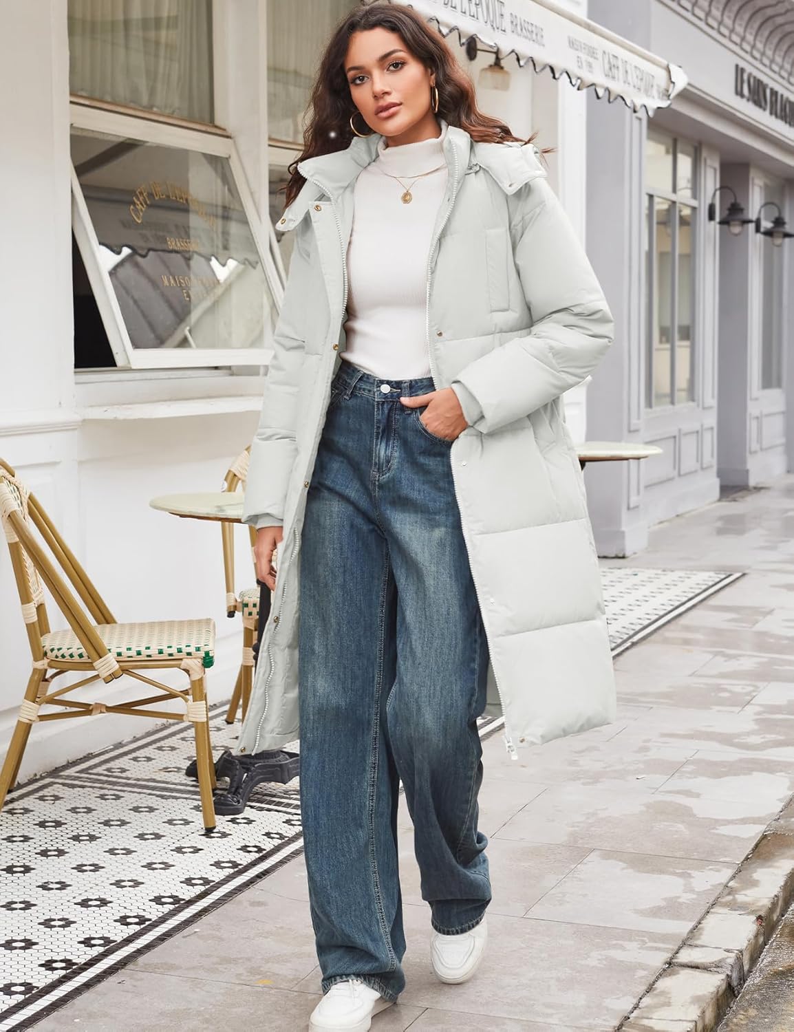 Flygo Long Winter Coats for Women Hooded Puffer Coat Jackets Thickened Midi Long Sleeve Zip Down Parka Outerwear - Image 4