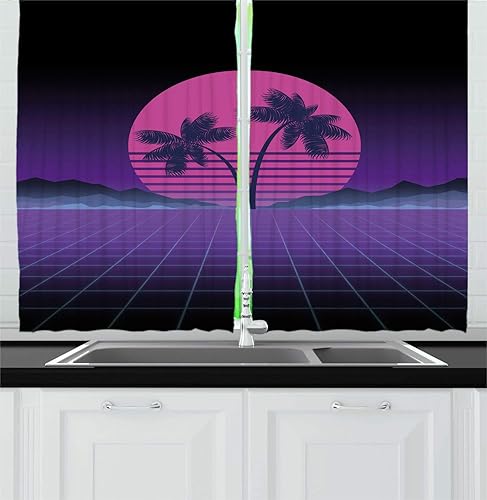 Ambesonne Synthwave Kitchen Curtains, Retro Artwork Design of Striped Pinkish Moon Exotic Palms and Mountains, Window Drapes 2 Panel Set for Kitchen