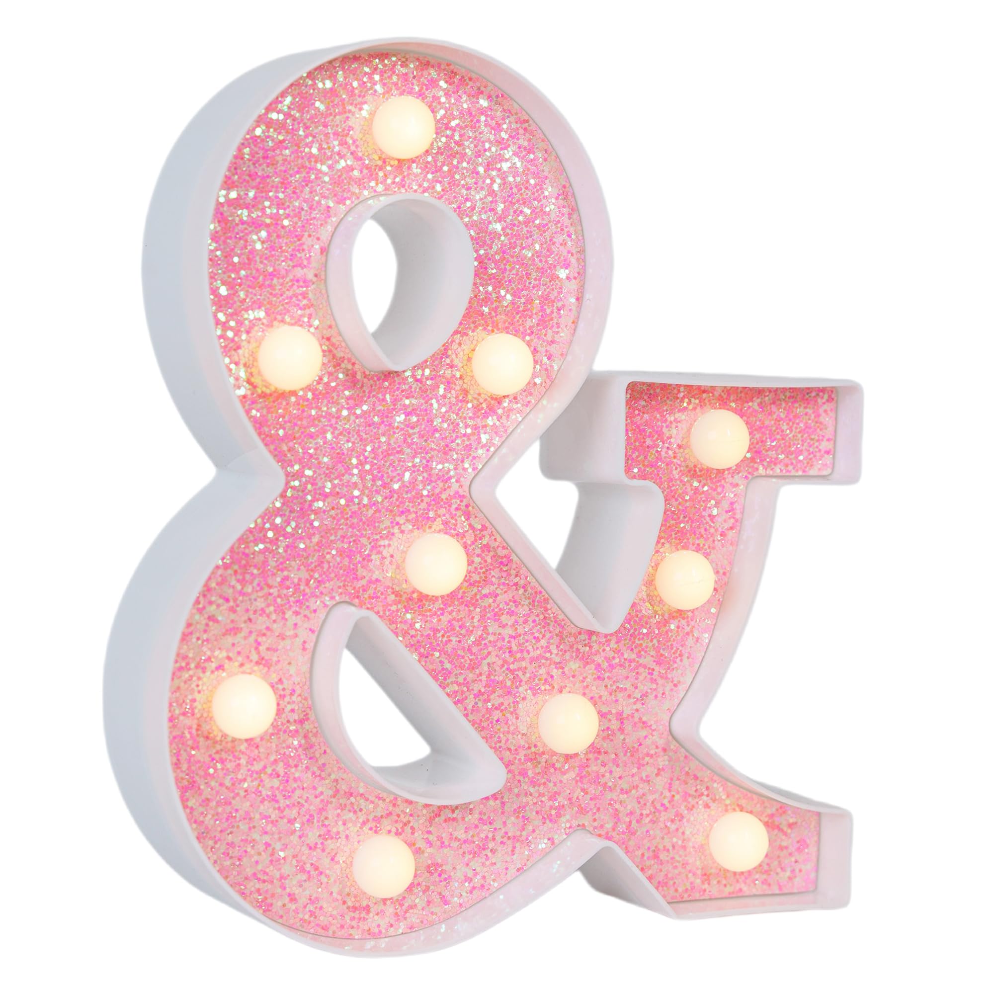 EUFONY Pink Glitter Marquee Light Up Letters, Battery Operated LED Letter Lights Signs for Pink Birthday Party Table Decorations, Wall Decor for Girls Bedroom, Ampersand Symbol & w/Warm White Lights