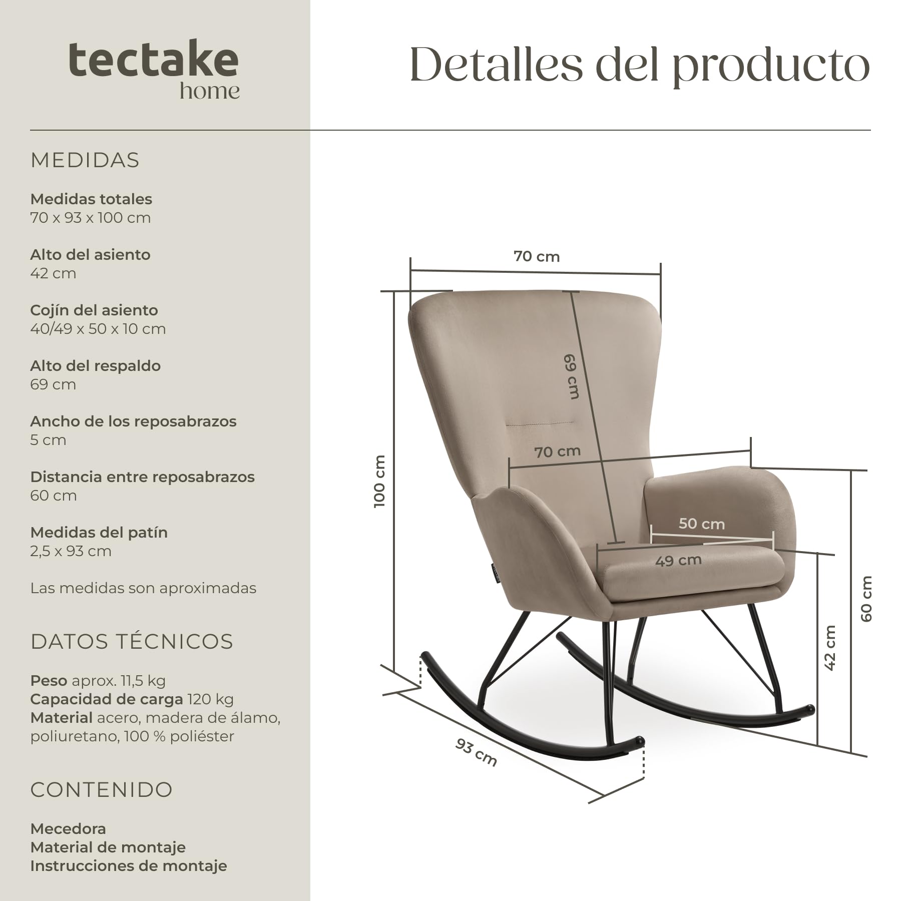 tectake® Mecedora con Respaldo Grande y cojín extraíble, Acolchado Grueso, Estructura de Acero Resistente, sillón, Silla Relax, butaca Dormitorio, Mecedora Lactancia - Negro/Gris Pardo
