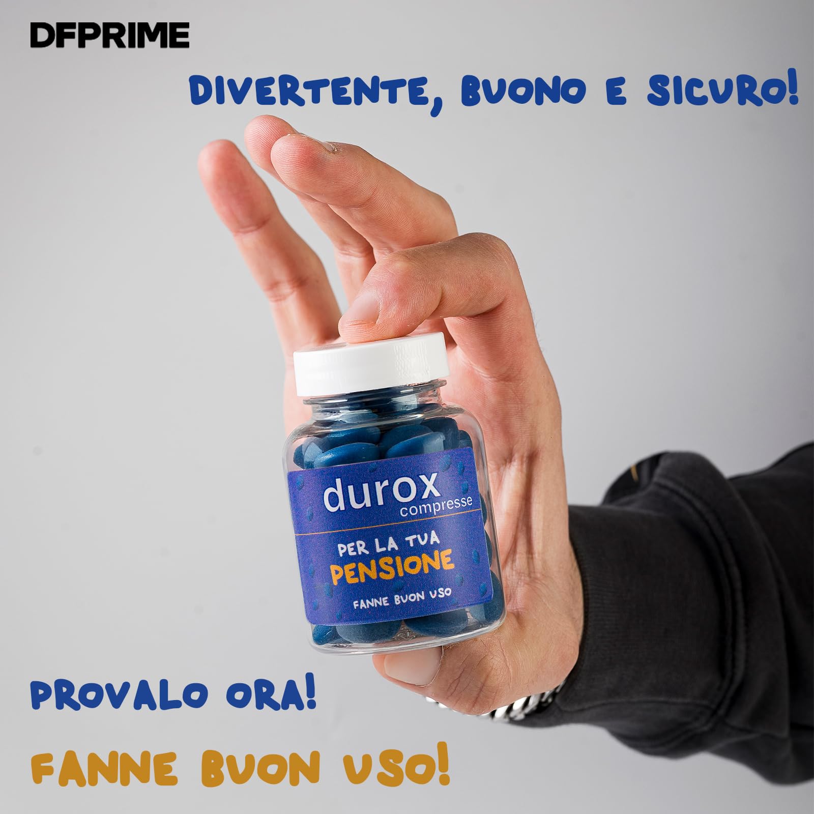 DUROX PENSIONE Compresse Blu – Scherzo Wiagras per Pensione Uomo – Idea Regalo Divertente per Neo Pensionati – Confetti al Cioccolato – Gadget Ironico – PER LA TUA PENSIONE – Fanne Buon Uso