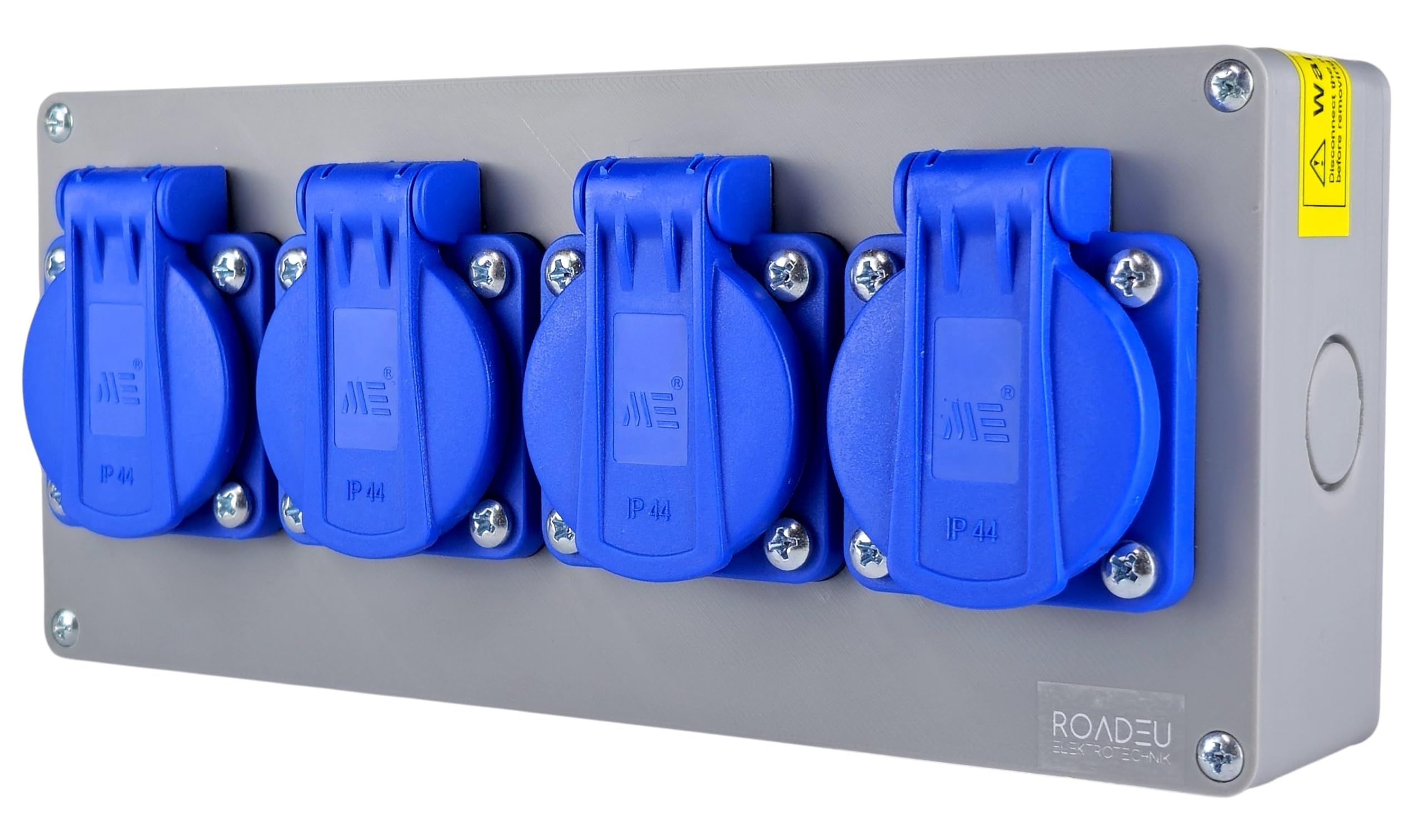 RoadEu Bloc Multiprise IP44 Saillie | 4 Prises Françaises 2P+T 230V/16A | Boîtier de Distribution Pré-câblé avec Presse-étoupe PG13,5 | Répartiteur de Chantier pour Garage, Atelier & Extérieur Couvert