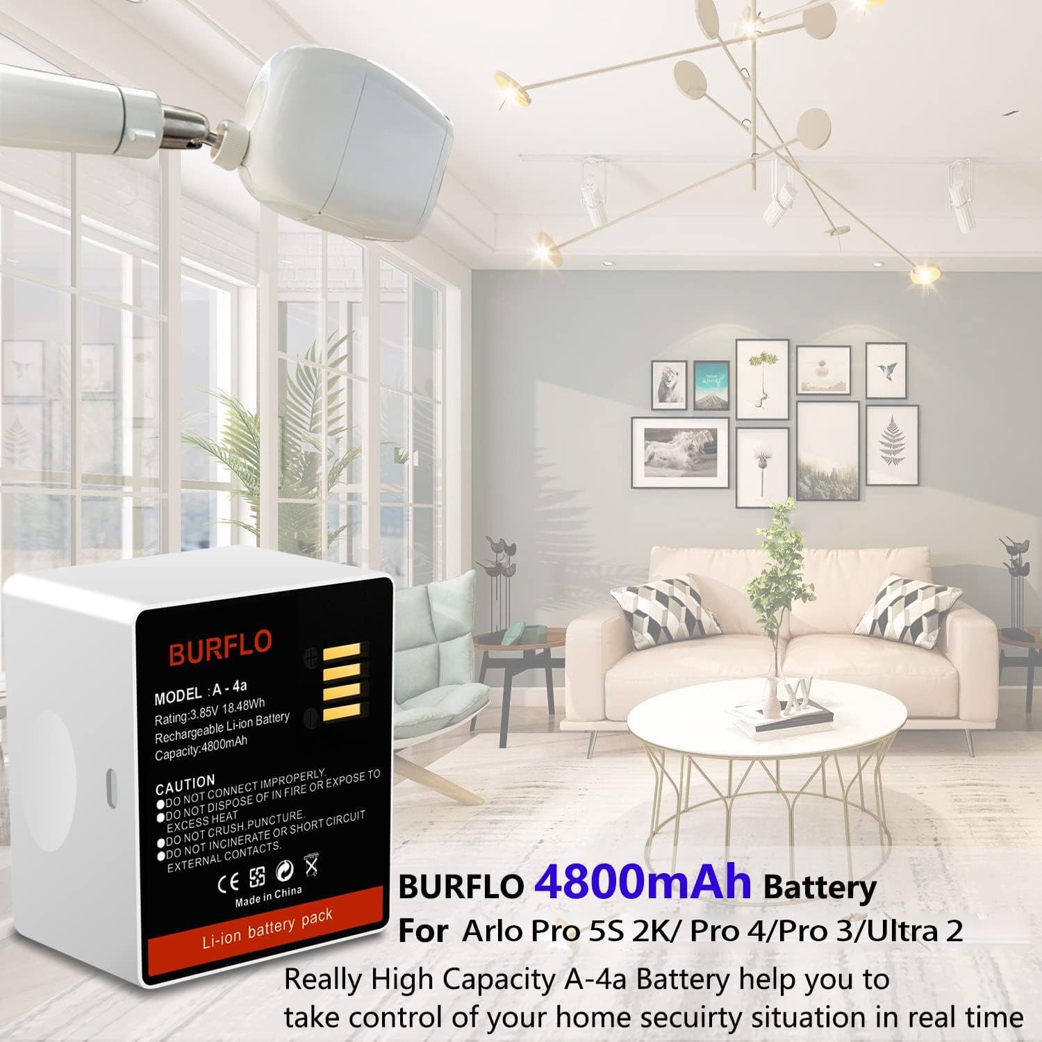 Burflo 2-Pack 4800mAh Rechargeable Battery for Arlo Cemera,Compatible with Pro 5S 2K/Arlo Pro 3/Pro 4/Ultra 2 Camera,Model A-4A,‎VMA5400 100NAS