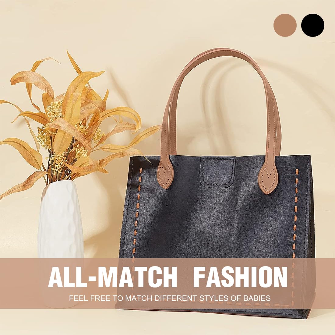 4 Manijas de Cuero para Bolsos y Accesorios, Manija de Correa de Cuero Genuino, Correas de Repuesto (Negro + Marrón)