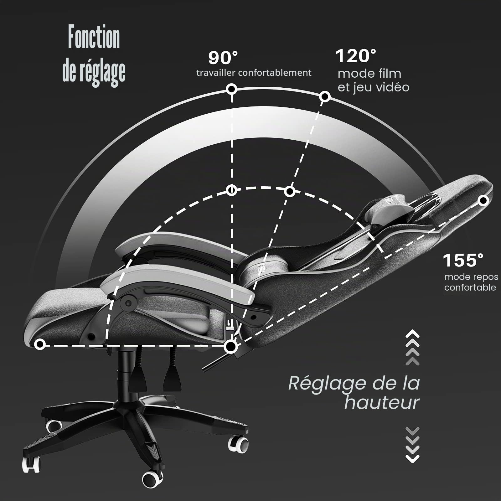 bigzzia Chaise Gaming,Ergonomique PU Cuir Chaise Bureau,Hauteur Réglable,avec Lombaire&Appui-Tête Appui,Dossier Inclinable à 155°,Fauteuil Gaming Adultes Enfants (Blanc)