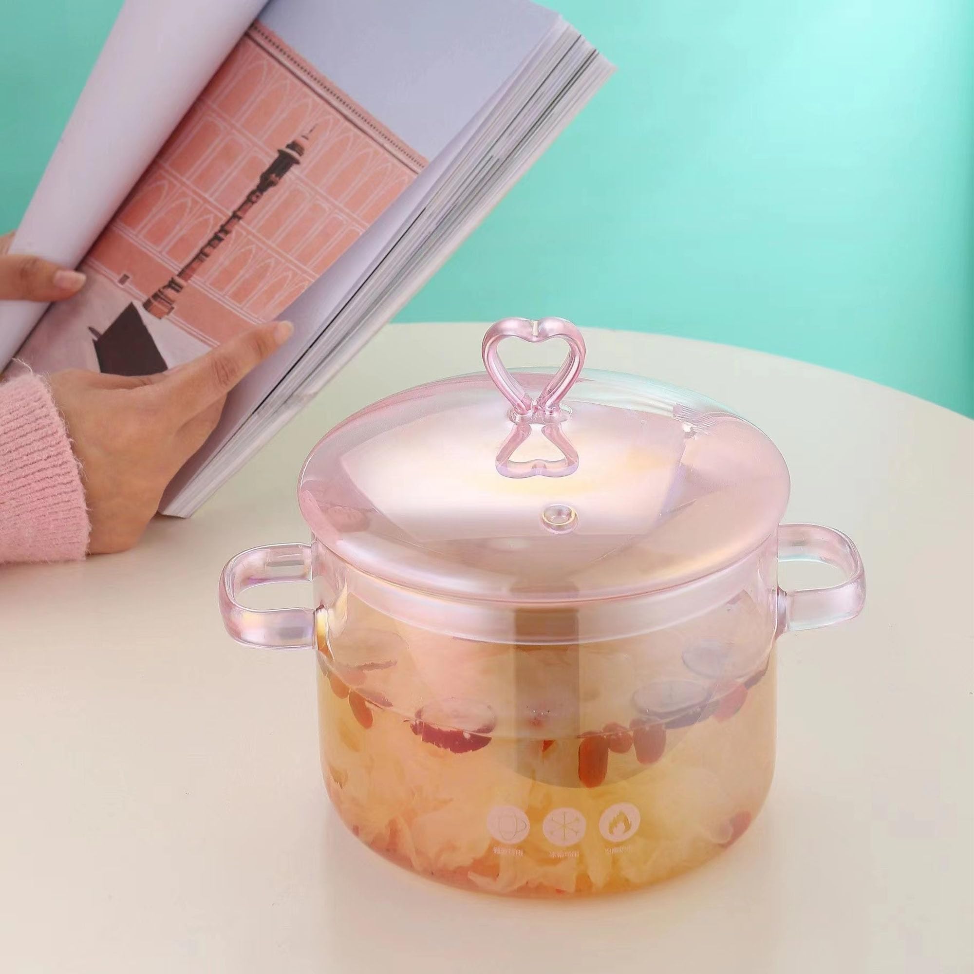 Pentola in vetro da 1,5 l, con coperchio, resistente al calore, in vetro trasparente e padella con coperchio, per pasta, pasta, zuppa, latte, tè e insalata, pentola trasparente (amore)
