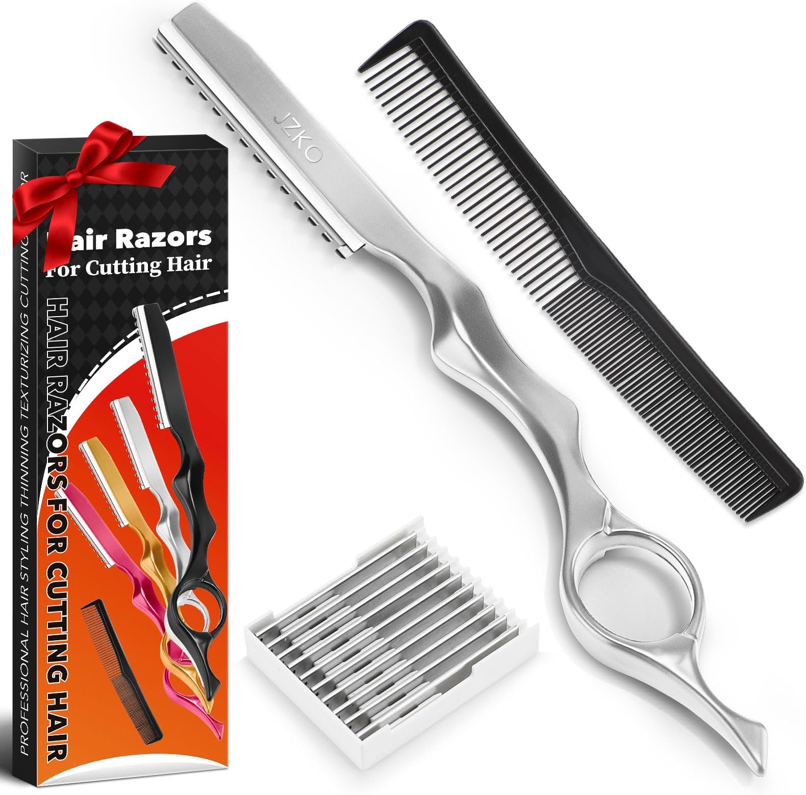 Hair Razors For Cutting Hair, 12pcs Professional Styling Thinning Texturizing Cutting Razor 6.89" for Salon & Home Use, 10pcs Replacement Blades (Silver)