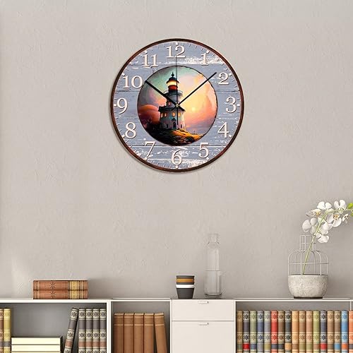 Miniatura 3 de Lighthouse - Reloj de pared redondo vintage silencioso de 15 pulgadas, sin tictac, funciona con pilas, faro costero de verano, estilo rústico,