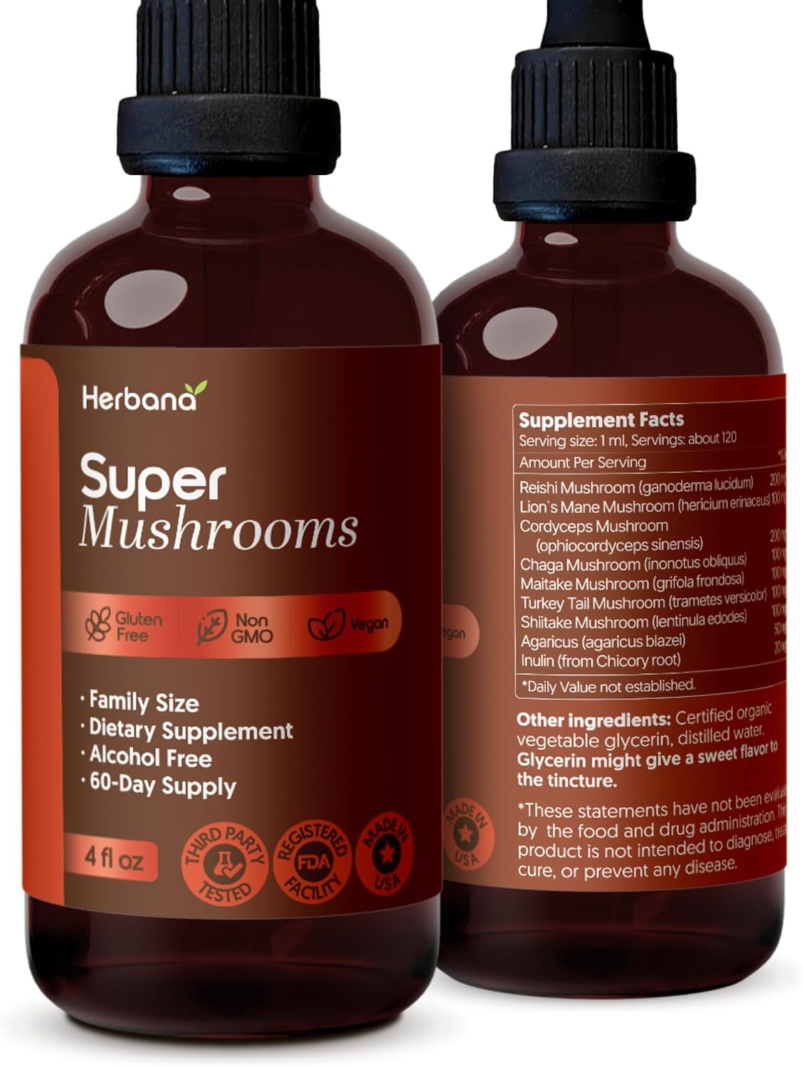 Super Mushroom Complex 8 in 1 Liquid Extract - 4 fl oz Drops with Reishi Lion’s Mane Cordyceps Chaga Maitake Turkey Tail Shiitake Agaricus for Focus Immune Wellness and Daily Energy