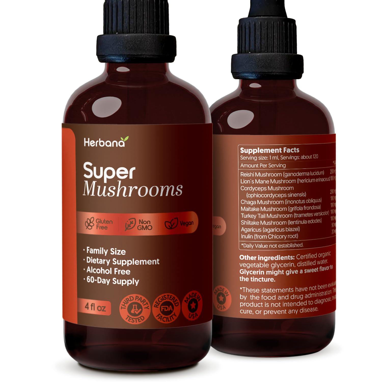Super Mushrooms 8in1 - 4 fl oz Liquid Extract - Brain Booster & Immune Support Drops - Reishi, Lion`s Mane, Cordyceps, Chaga, Mitake, Turkey Tails, Shiitake, Agaricus - High Potency