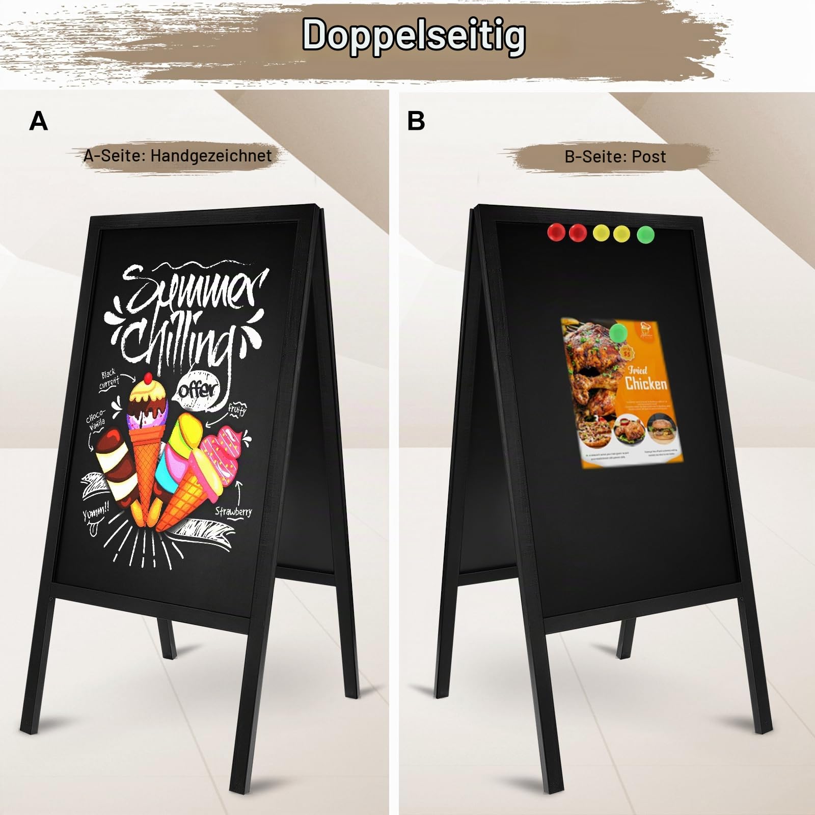 Aufsteller Kreidetafel Kundenstopper mit Holzrahmen 85x41cm, 8 Kreidestifte | Doppelseitig Magnetisch Werbetafel Gehwegaufsteller, Stehtafel Gastro Kreide für Gastronomie, Kleine Geschäfte, Events