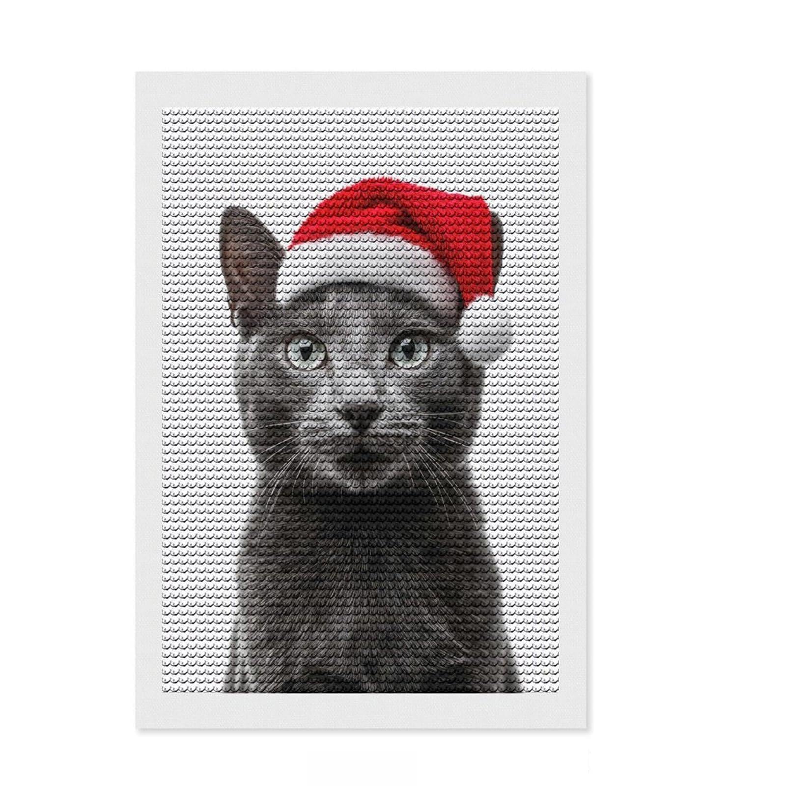 Junmoney Russian Blue Cat with Santa Hat Diamond Art Kit 8"x12", for Creative Relaxation, Bedroom Decor, Simple to Start, Thoughtful Handmade Gift