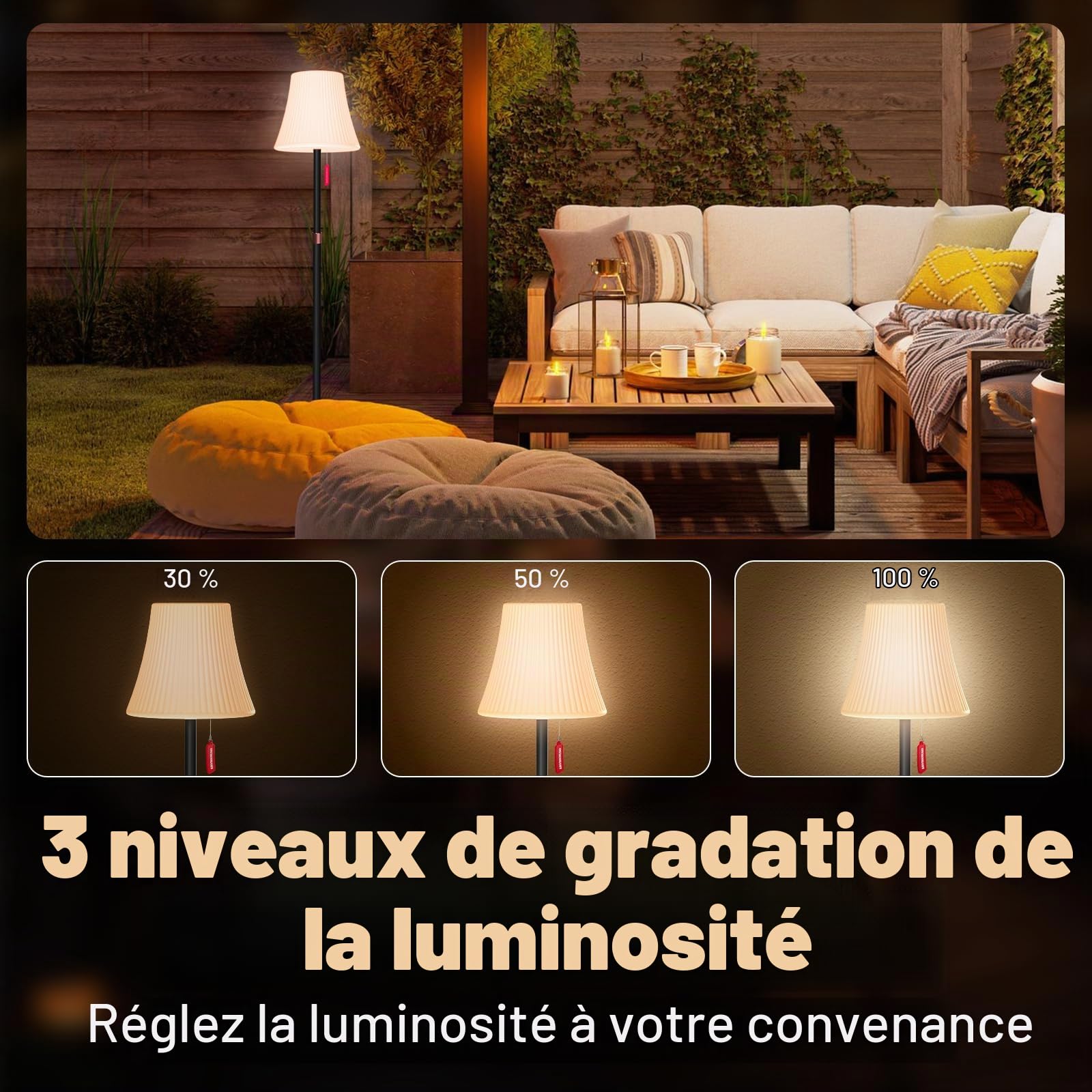 Mojimdo Lampe Solaire sur Pied avec Télécommande, 7 Modes RGB, Détecteur Crépuscule-Aube, 3 Niveaux de Blanc Chaud Réglable, IP65 Étanche Sans Fil Rechargeable pour Terrasse, Jardin, Cour