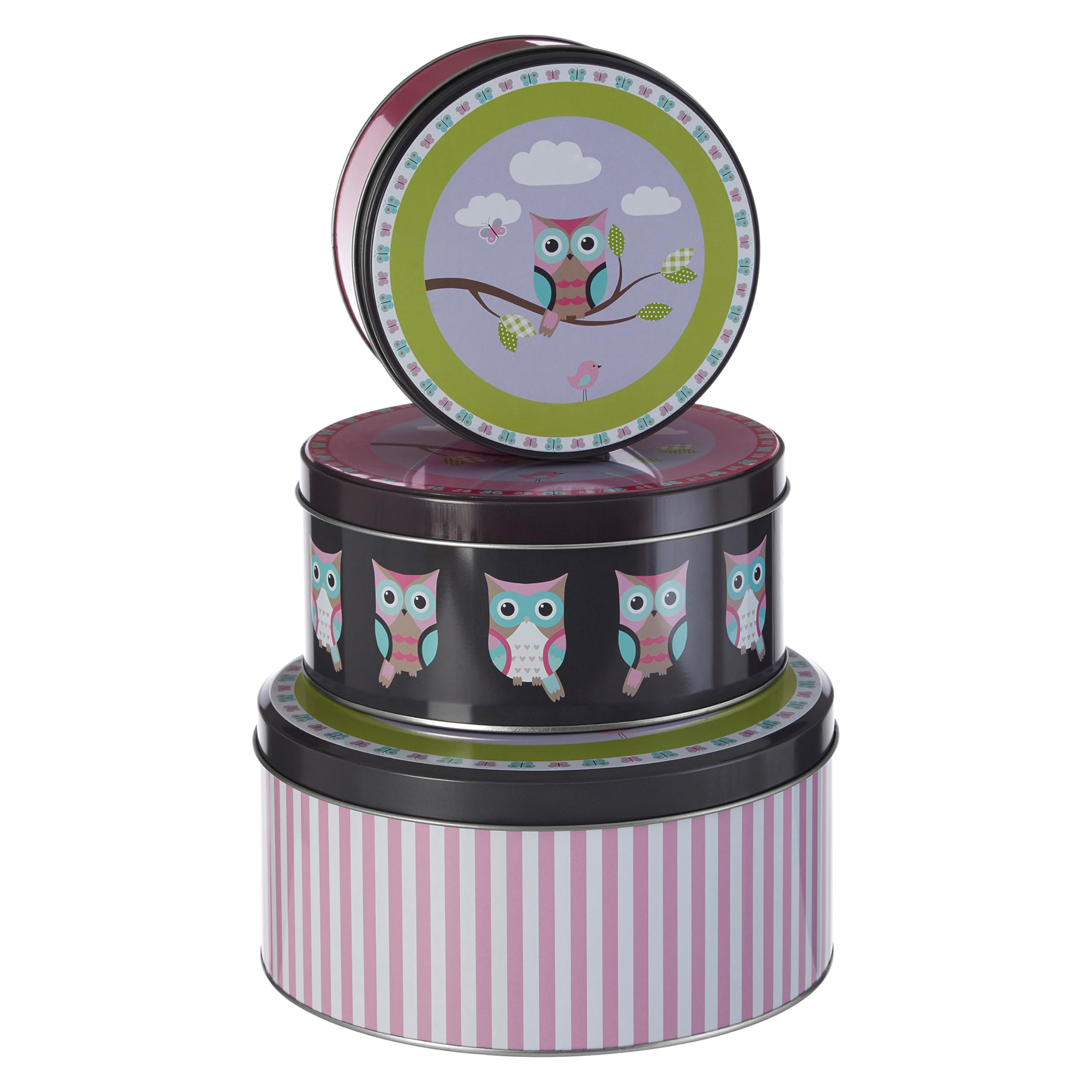Interiors By Premier Set of 3 Happy Owls Storage Tins - Round Cake Storage - Kitchen & Bedroom Organizer - Tin Material