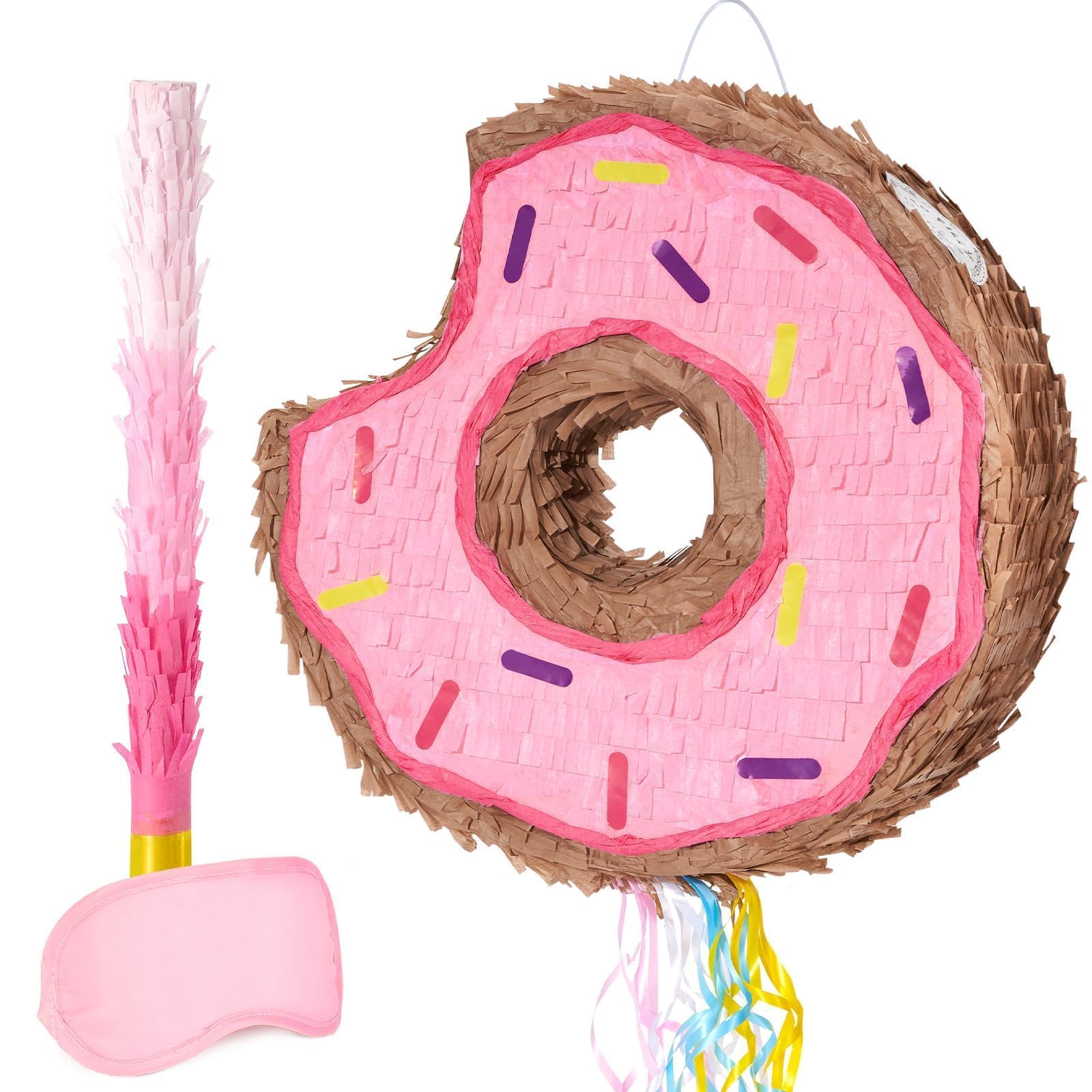 WERNNSAI Donut Pinata - Pink Pull String Donut Pinata with Blindfold and Stick for Kids Girls Birthday Party Decorations Sweet Kids Party Game Supplies Baby Shower Decorations — image 1