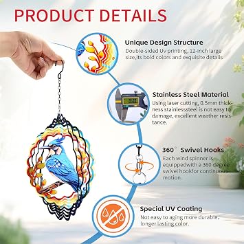 Metal Wind Spinners Hanging,12 Inch 3D Stainless Steel Blue Bird Wind Spinner Gifts for Women Mom Grandma Blue Jay Garden Decor Wind Sculpture Decoration for Yard Art, Outdoor, Porch, Backyard, Patio