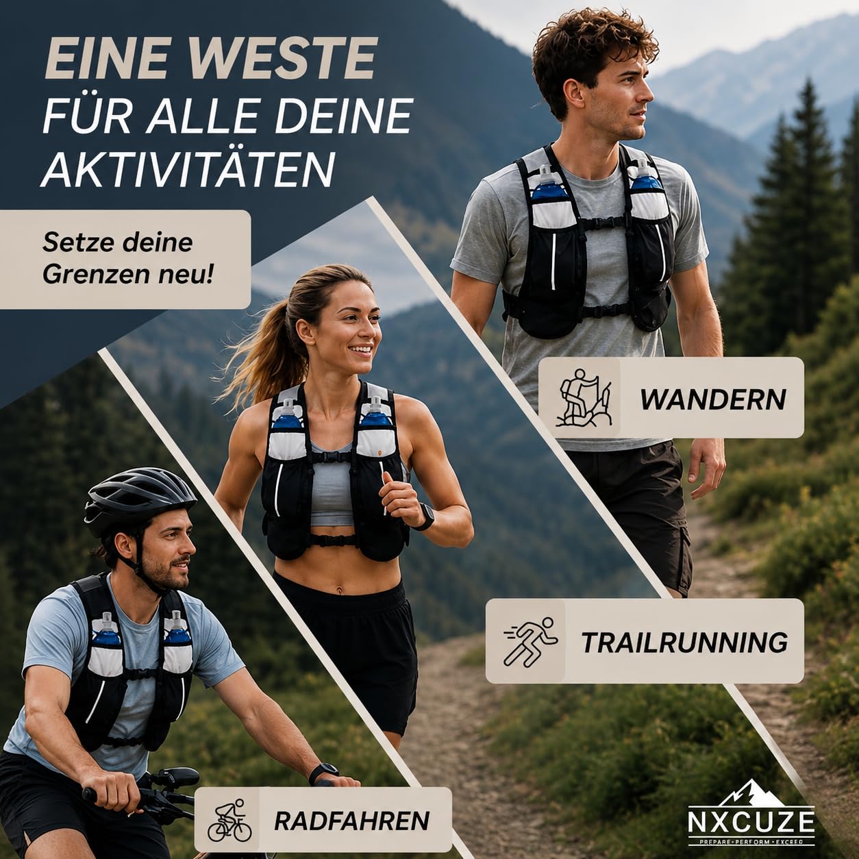 NXCUZE® Premium Laufweste Damen & Herren mit 2X 500ml Trinkflasche – Laufweste mit Trinkflasche / Trinkrucksack & Laufrucksack zum Laufen, Joggen & Trailrunning – Ultraleicht & verstellbar