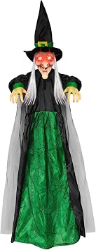 70" Halloween Hanging Witch Decorations, Sound Activated with Light Up Eyes & Scary Sound, Poseable Limbs Prop for Haunted House Green