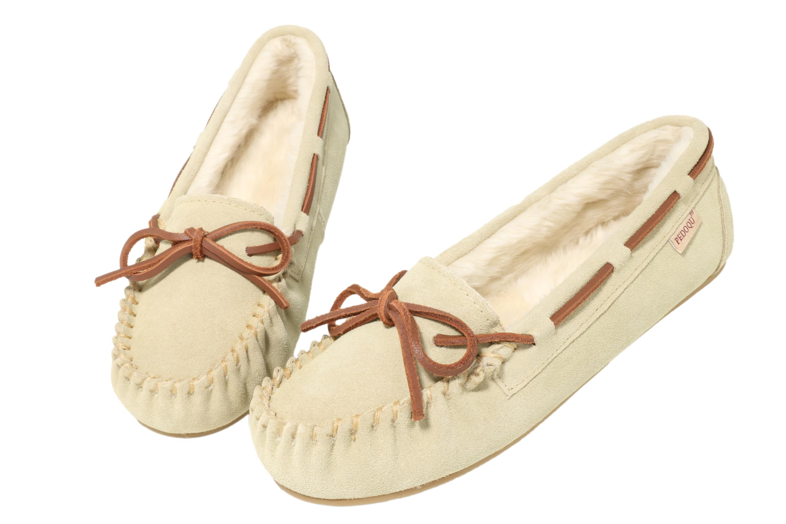 PEDOQU Women's Moccasin Slippers Cow Suede Warm Faux Fur Pile Lined Lace-Up Cozy Bow Indoor & Outdoor Moccasins Slip On Loafers Shoes for Women