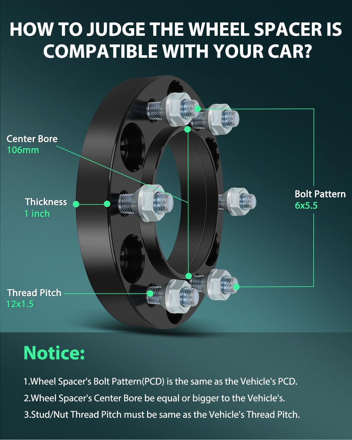 SCITOO 4Pcs Wheel Spacers 1 inch 6x5.5 Bore 106mm Studs 12x1.5 6 Lug Wheel Spacers Adapters Fit for for Toyota for Tacoma for Toyota for 4Runner for Toyota for Tundra for Toyota