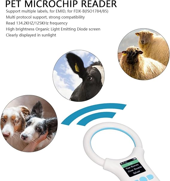 banapoy Pet Microchip Scanner, 500 Data Storage Cat Dog Chip Reader Wireless RFID Animal Chip ID Reader for EMID FDX B, Handheld Portable Animal Tag Reader with Screen for Cow Sheep Rabbit