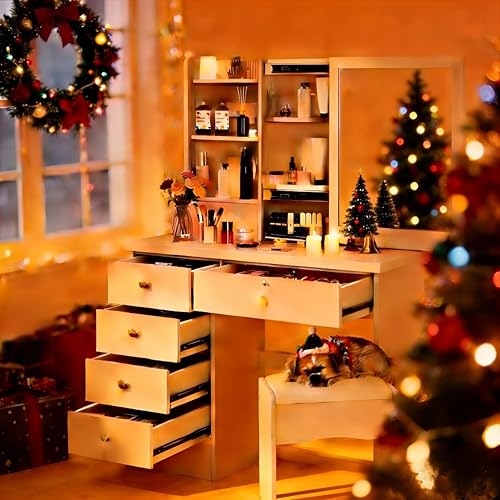 US Fast Arrival Vanity Desk with Sliding Mirror, Makeup Vanity with Extra Hidden Stroage,Makeup Desk with 6 Drawers Open Shelves, Dressing Table for Bedroom,Small Vanity Desk for Bedroom