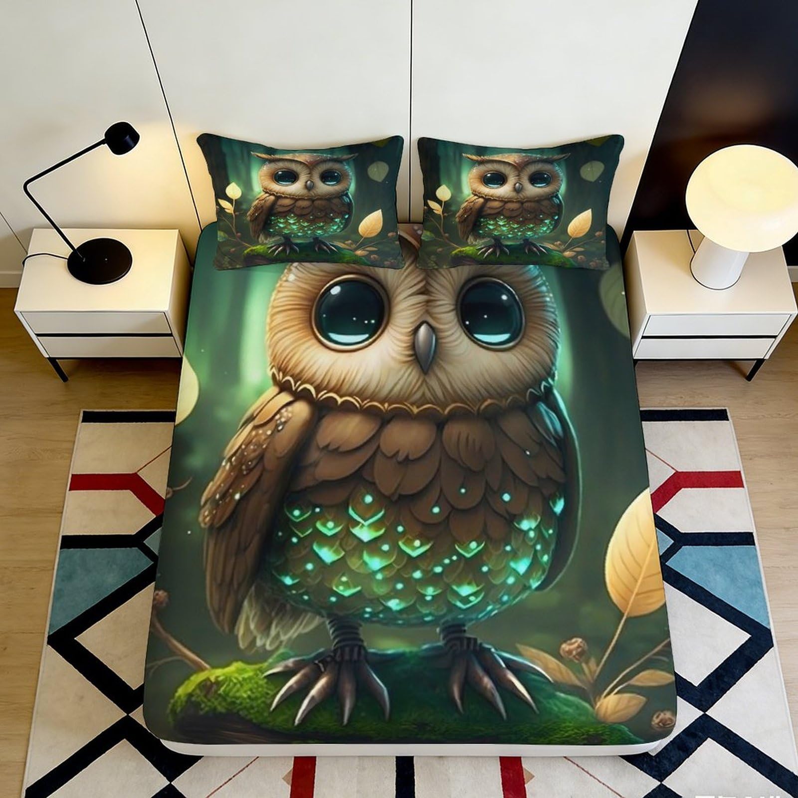 3D Printed Owl Pattern Fitted Sheet Microfiber Soft Durable 3D Printed Forest Glow Bed Cover for Bedroom Dormitory Guest Room Mattress Protection 200x200x25cm