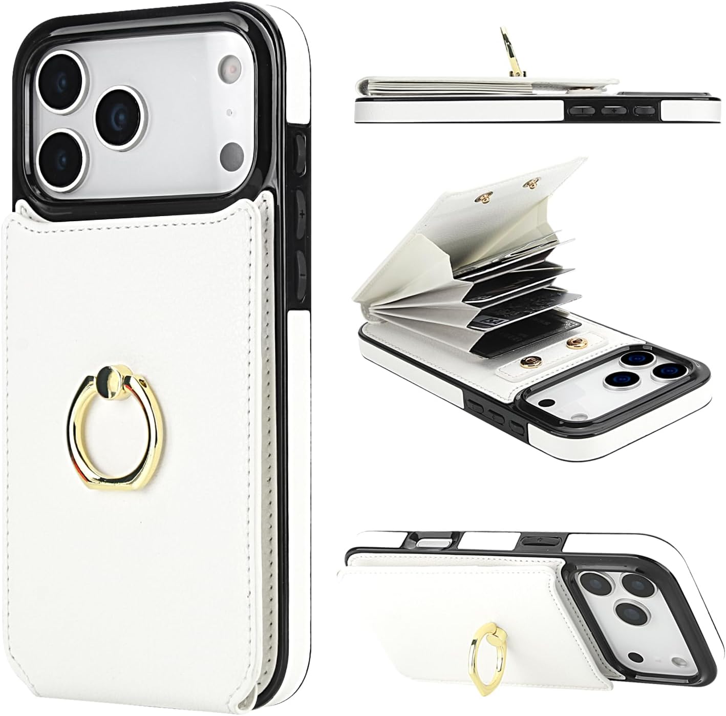 Folosu Compatible with iPhone 17 Pro Max Case Wallet with Card Holder, 360°Rotation Finger Ring Holder Kickstand, RFID Blocking Leather Protective Double Buttons Shockproof Cover 6.9 Inch White