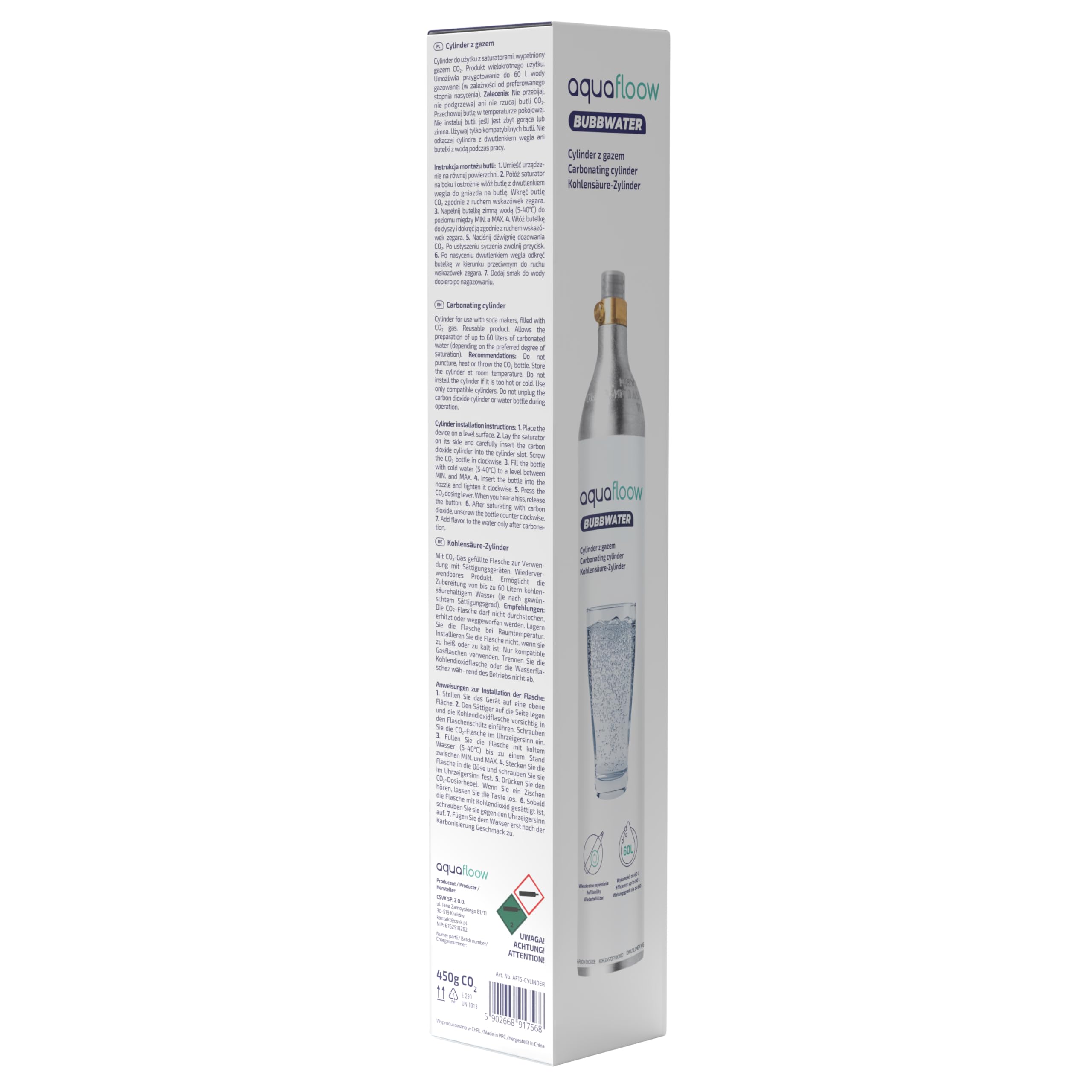 AquaFloow Cylindre CO₂ pour Machine à eau Pétillante Premium 600 ml, Cartouche pour Eau Gazeuse, Cylindre jusqu’à 60 L, Remplacement compatible avec SodaStream, Aarke- lot de 3